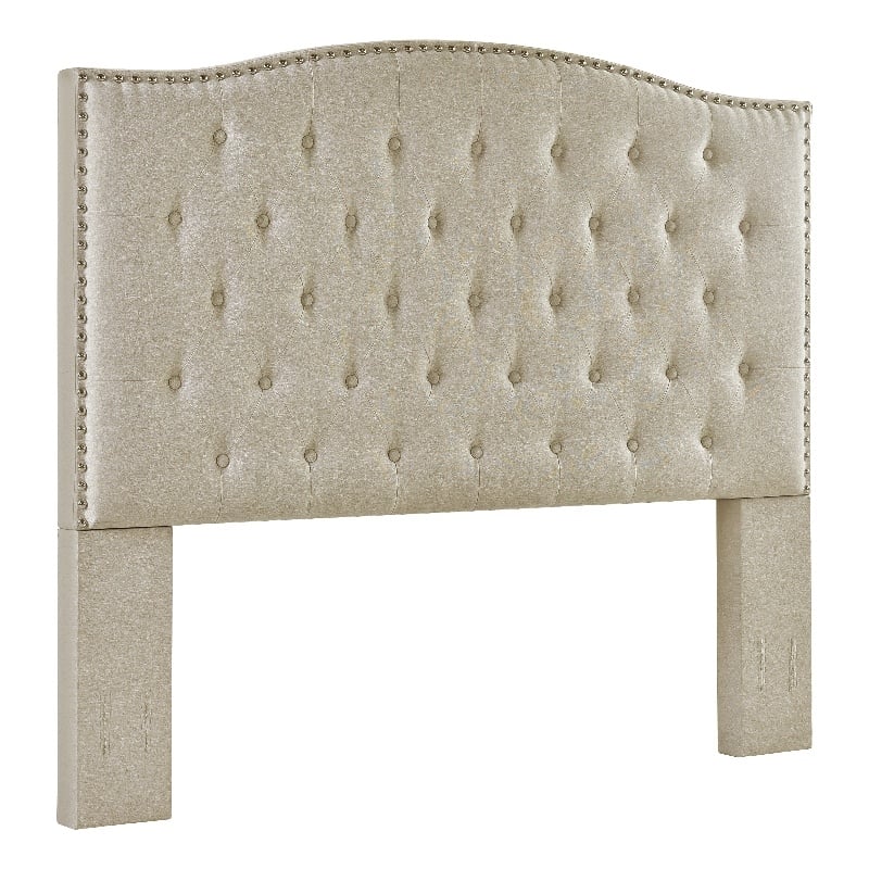 Pemberly Row Full/Queen Upholstered Nailhead Trim Headboard in Beige
