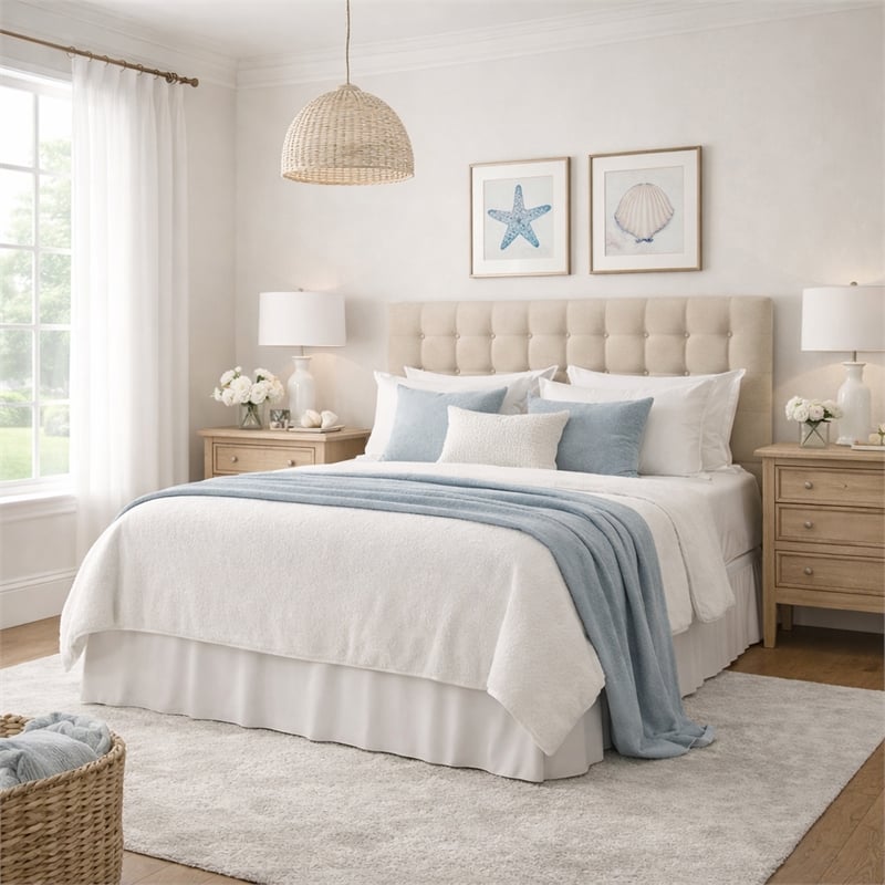 Pemberly Row King Size Tufted Upholstered Fabric Headboard in Beige