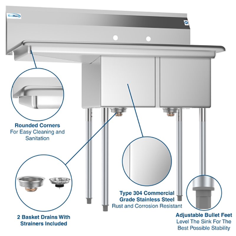 Pemberly Row 12x16x10 Left Stainless Steel Prep Utility Sink in Silver