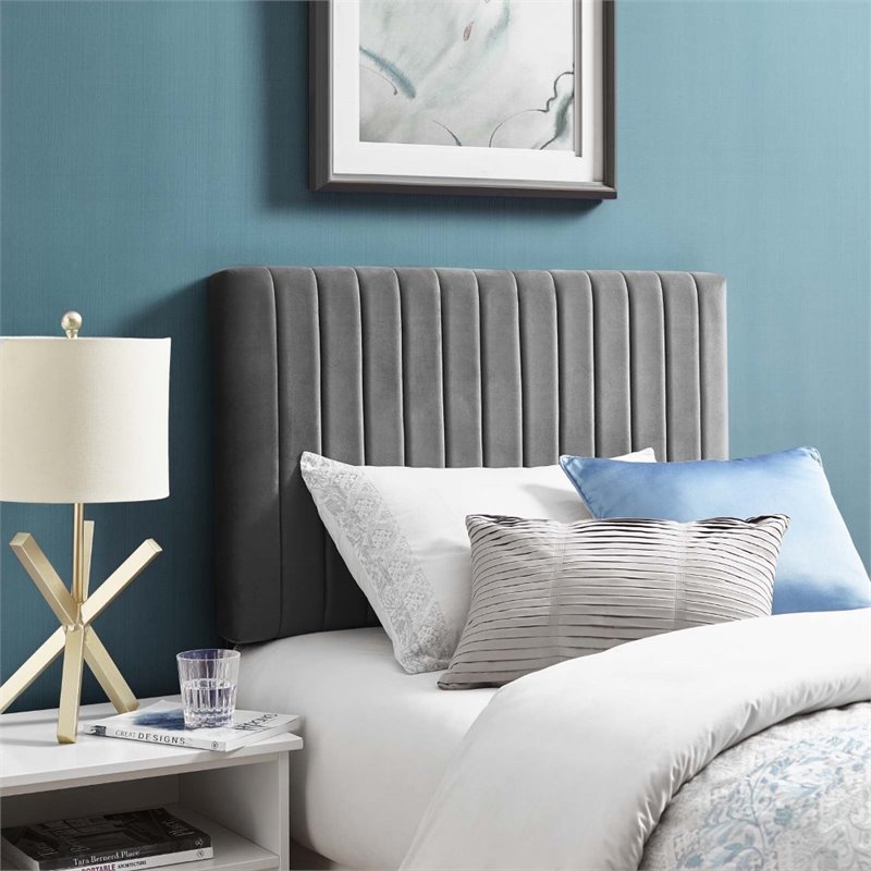 Pemberly Row Velvet Upholstered Twin Headboard in Gray Fabric