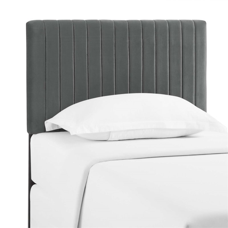 Pemberly Row Velvet Upholstered Twin Headboard in Gray Fabric