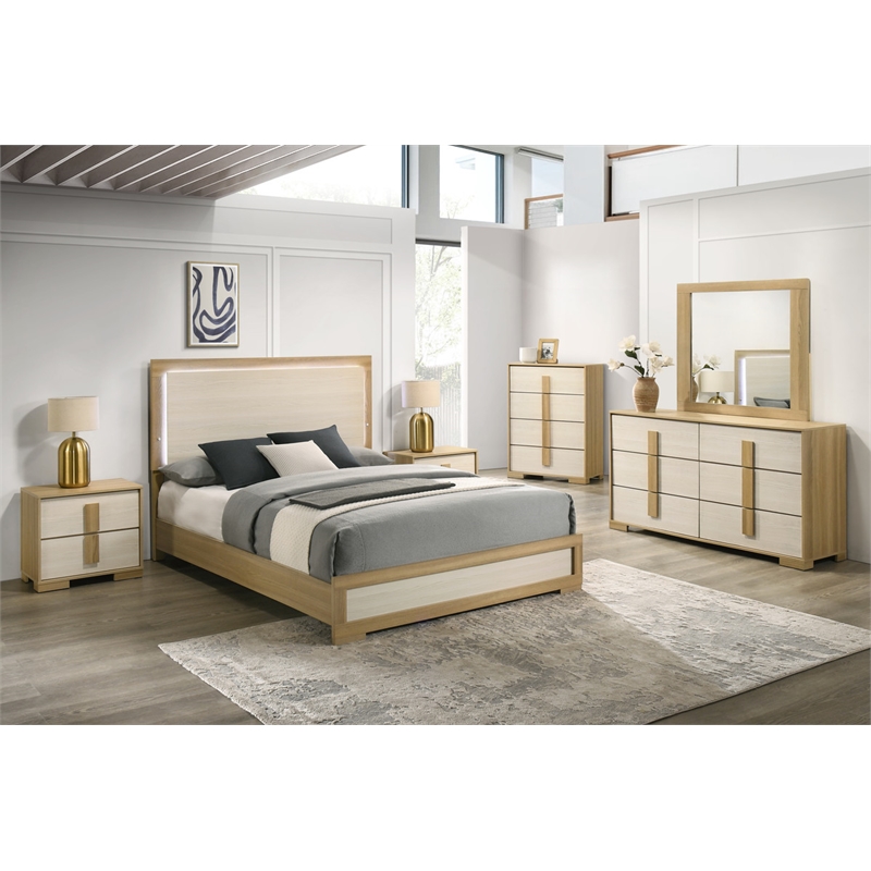 Pemberly Row Natural Wood Queen Bedroom Set with LED Headboard
