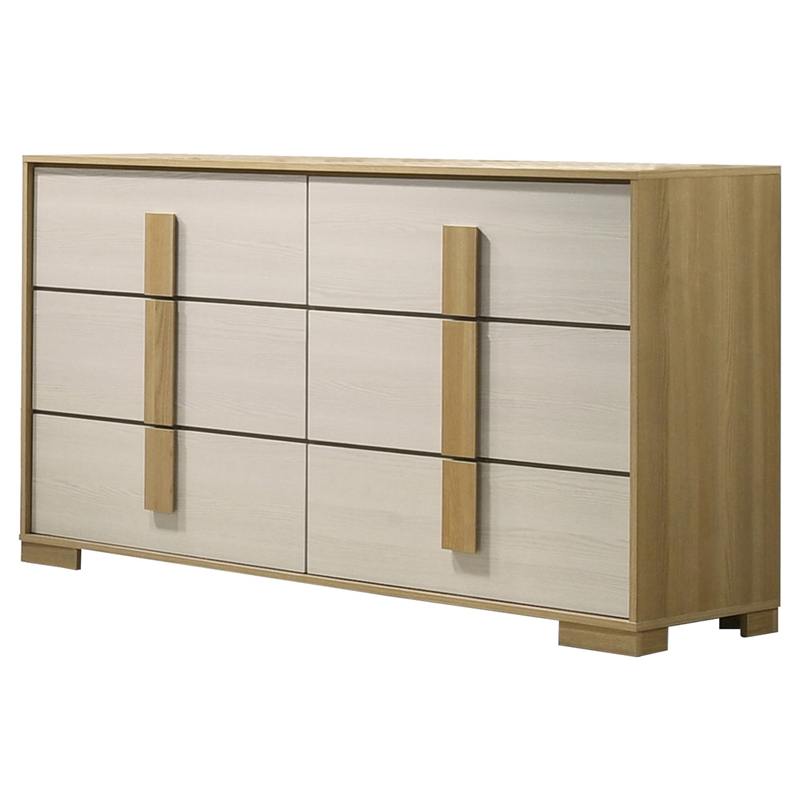 Pemberly Row Natural Wood King Bedroom Set with Dresser and LED Headboard
