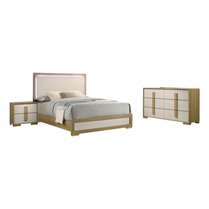 Pemberly Row Natural Wood King Bedroom Set with Dresser and LED Headboard