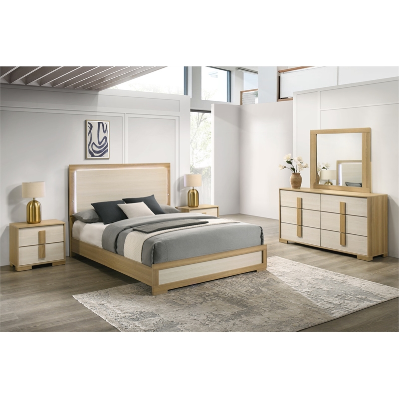 Pemberly Row King 5-Piece Bedroom Set with LED Headboard in Natural/White