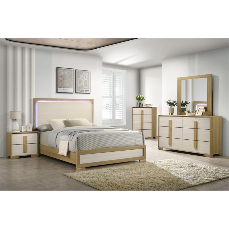 Pemberly Row King 5-Piece Bedroom Set with LED Headboard in Natural/White