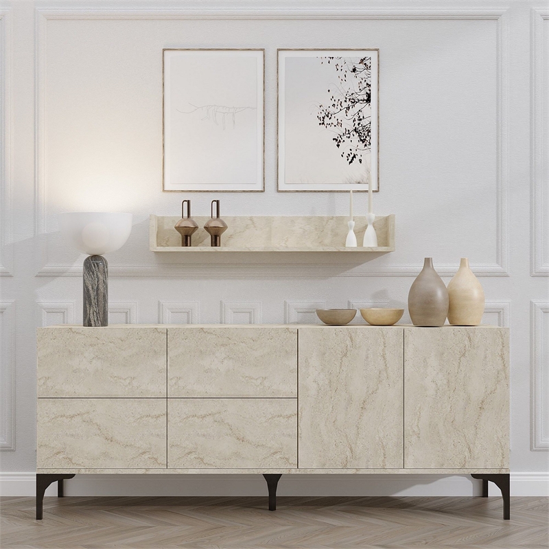 Pemberly Row Stella Console in Travertine Finish with Shelves