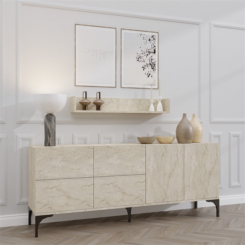 Pemberly Row Stella Console in Travertine Finish with Shelves