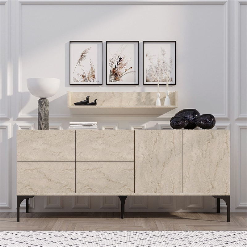 Pemberly Row Stella Console in Travertine Finish with Shelves