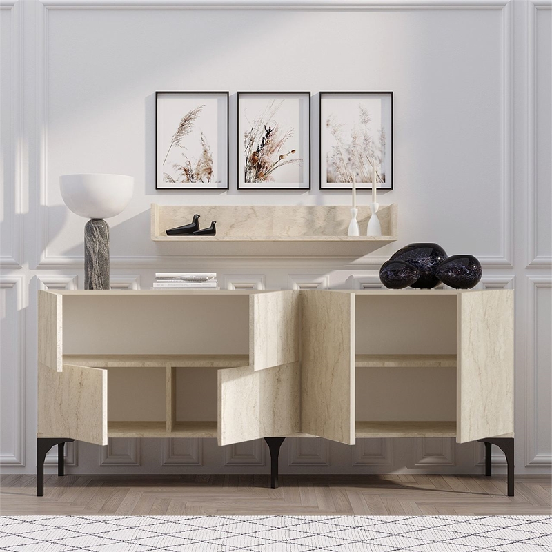 Pemberly Row Stella Console in Travertine Finish with Shelves