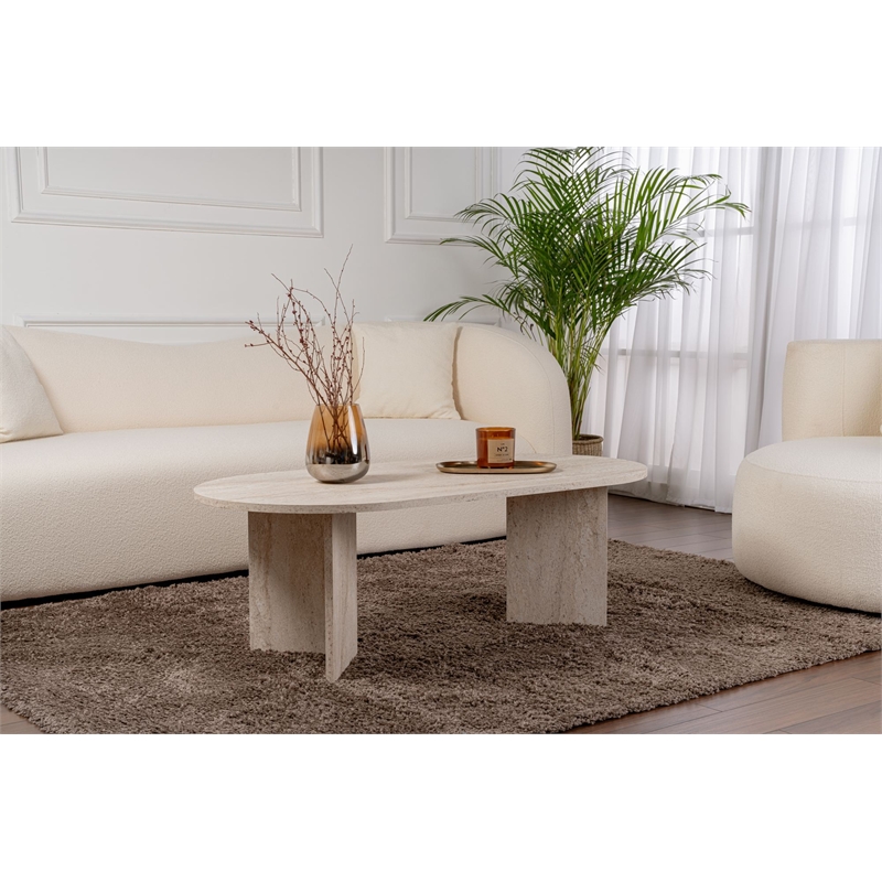 Pemberly Row Sable Coffee Table in Travertine Marble Finish