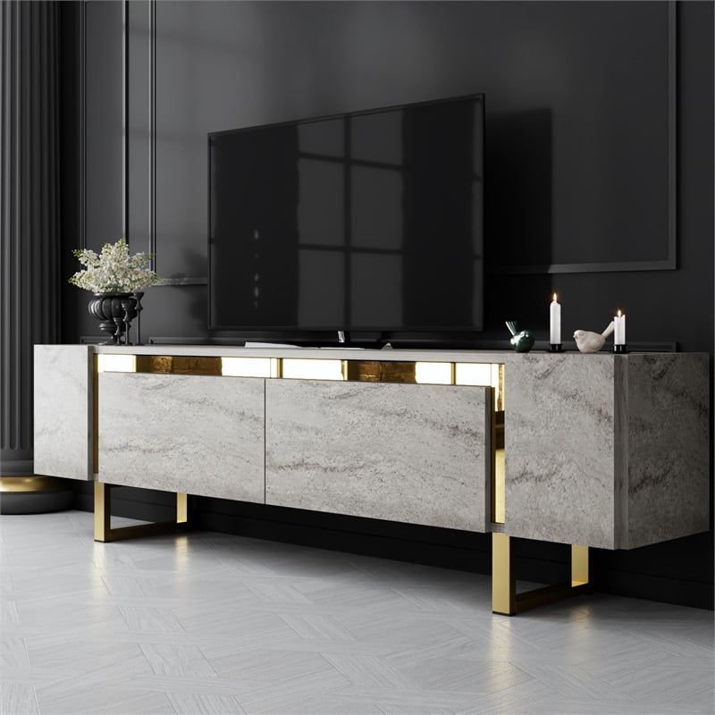 Pemberly Row TV Stand in Travertine and Gold with Metal Legs
