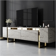 Pemberly Row TV Stand in Travertine and Gold with Metal Legs