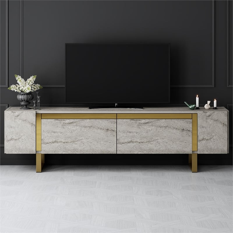 Pemberly Row TV Stand in Travertine and Gold with Metal Legs