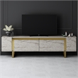 Pemberly Row TV Stand in Travertine and Gold with Metal Legs