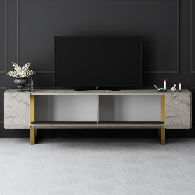 Pemberly Row TV Stand in Travertine and Gold with Metal Legs