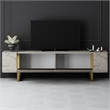 Pemberly Row TV Stand in Travertine and Gold with Metal Legs