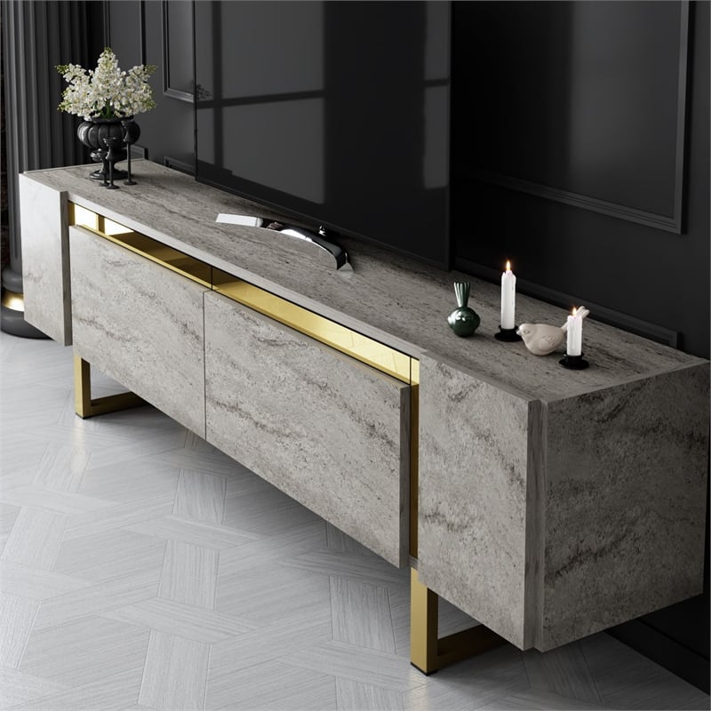 Pemberly Row TV Stand in Travertine and Gold with Metal Legs