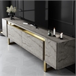 Pemberly Row TV Stand in Travertine and Gold with Metal Legs