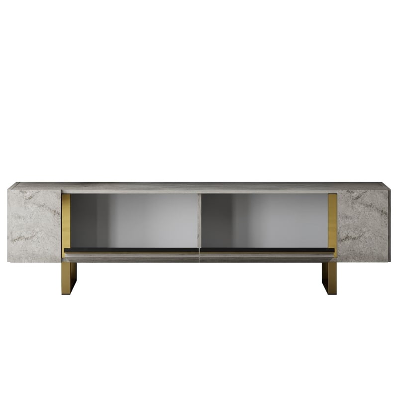Pemberly Row TV Stand in Travertine and Gold with Metal Legs