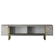 Pemberly Row TV Stand in Travertine and Gold with Metal Legs