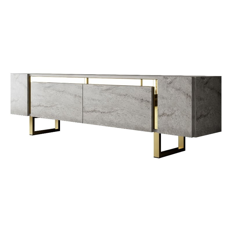 Pemberly Row TV Stand in Travertine and Gold with Metal Legs