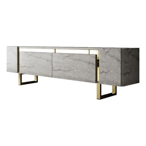 Pemberly Row TV Stand in Travertine and Gold with Metal Legs