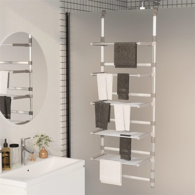 Pemberly Row 5-Tier Hanging Laundry Drying Rack in Aluminum Silver