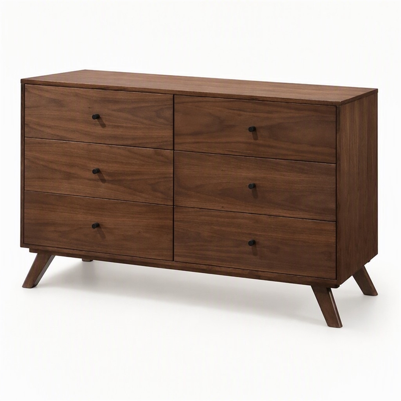 Pemberly Row Mid-Century Walnut Veneer 6-Drawer Dresser with Rubberwood Legs