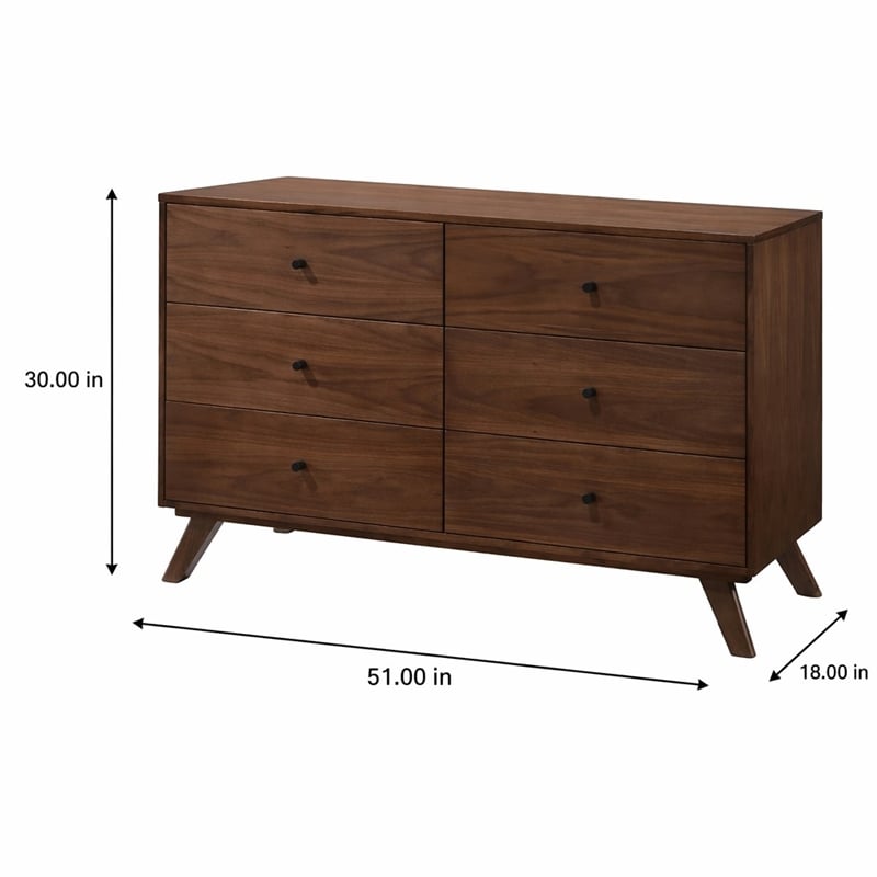 Pemberly Row Mid-Century Walnut Veneer 6-Drawer Dresser with Rubberwood Legs