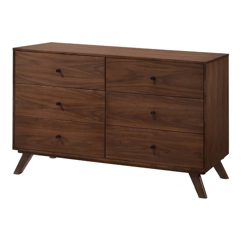 Pemberly Row Mid-Century Walnut Veneer 6-Drawer Dresser with Rubberwood Legs