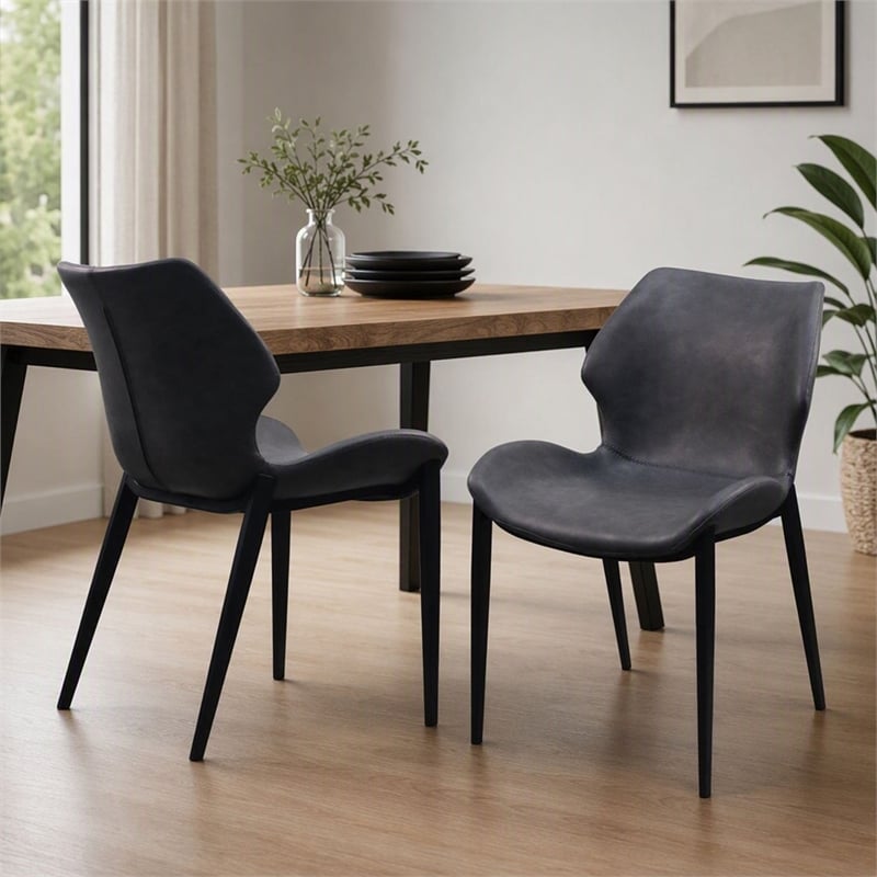 Pemberly Row Industrial Dining Chairs in Dark Gray Eco-Leather (Set of 2)