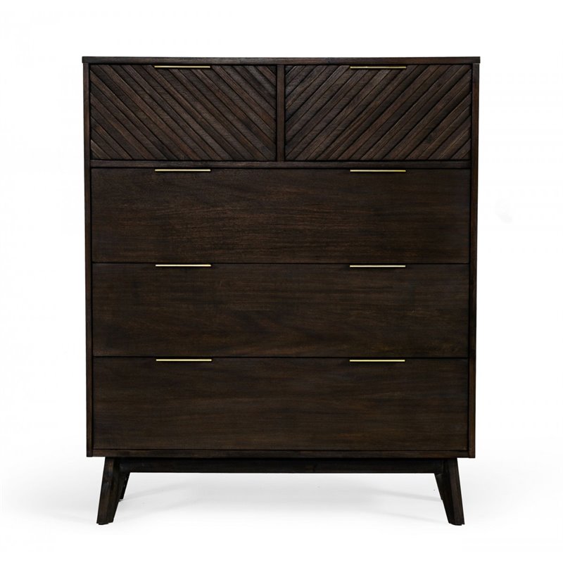 Pemberly Row 5-Drawer Solid Acacia Wood Chest in Dark Brown Finish