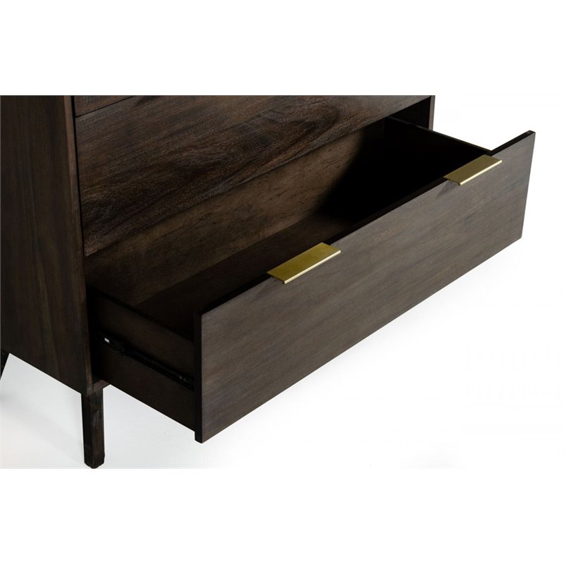 Pemberly Row 5-Drawer Solid Acacia Wood Chest in Dark Brown Finish