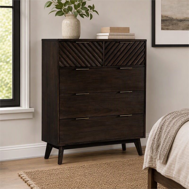 Pemberly Row 5-Drawer Solid Acacia Wood Chest in Dark Brown Finish