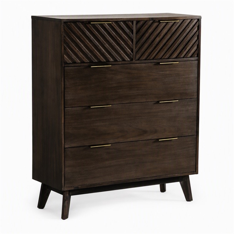 Pemberly Row 5-Drawer Solid Acacia Wood Chest in Dark Brown Finish