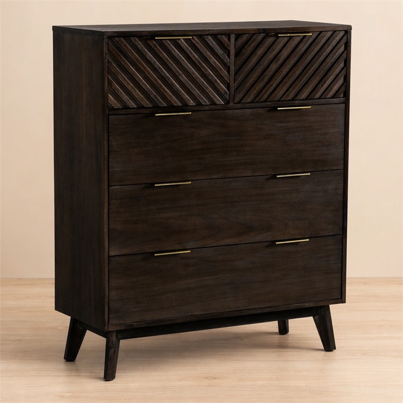 Pemberly Row 5-Drawer Solid Acacia Wood Chest in Dark Brown Finish