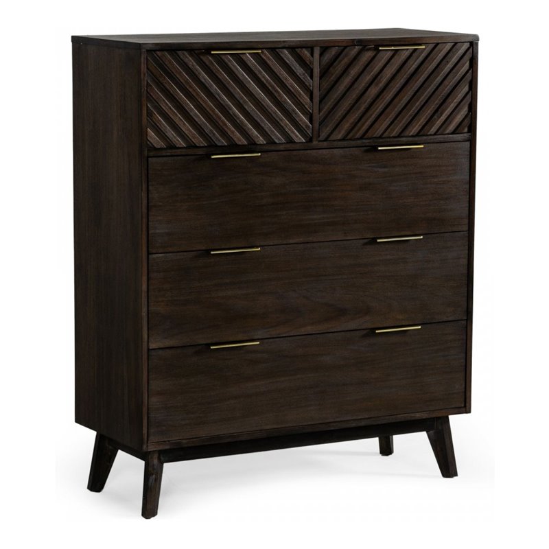Pemberly Row 5-Drawer Solid Acacia Wood Chest in Dark Brown Finish