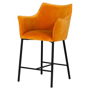 Pemberly Row Velvet Bar Stool Orange Upholstery Cast Iron Legs 25.6&quot Seat