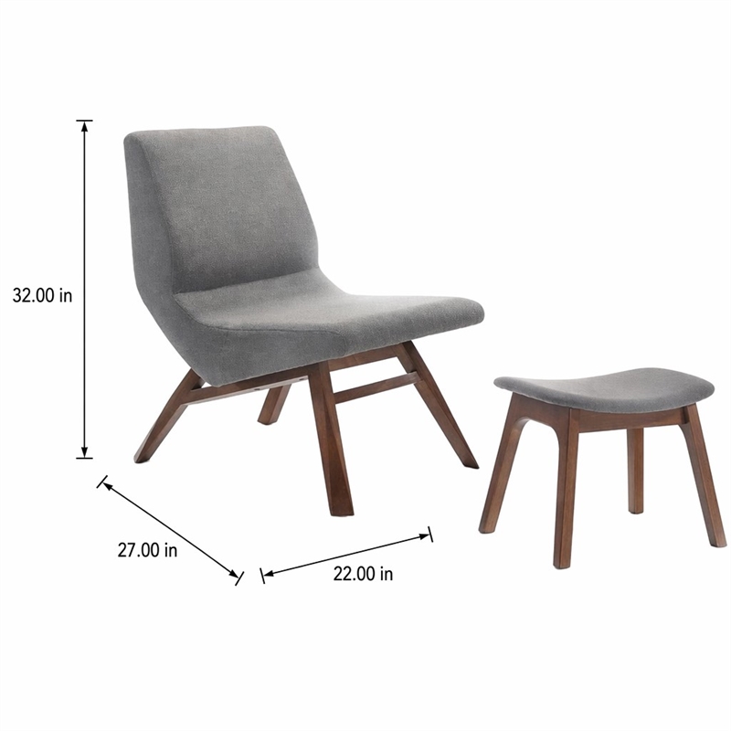 Pemberly Row Solid Wood & Fabric Accent Chair with Ottoman in Gray/Walnut