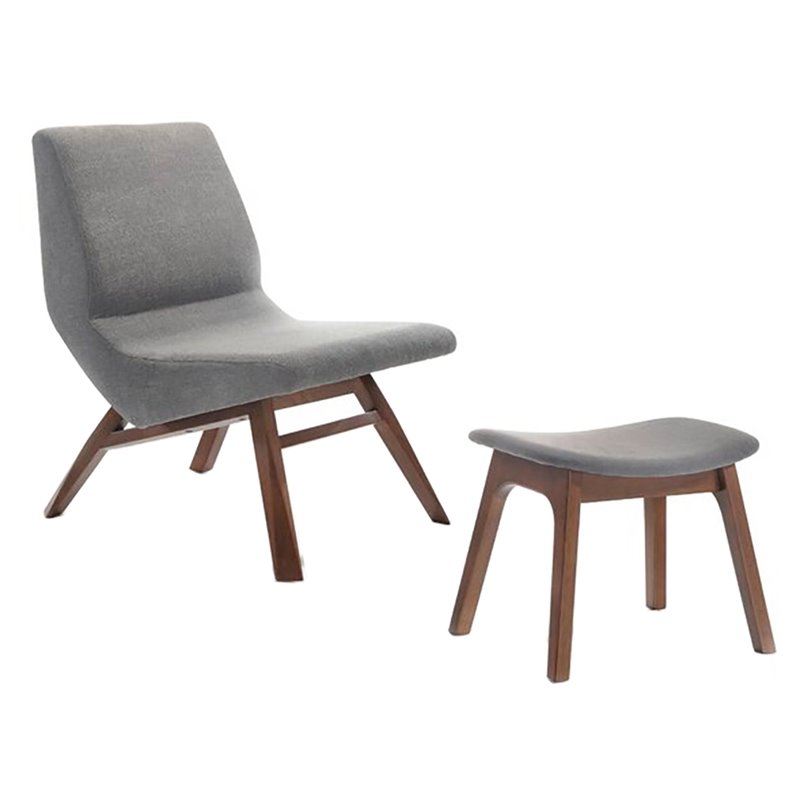 Pemberly Row Solid Wood & Fabric Accent Chair with Ottoman in Gray/Walnut