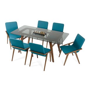 Pemberly Row Rectangular Tempered Glass & Wood Dining Table in Walnut