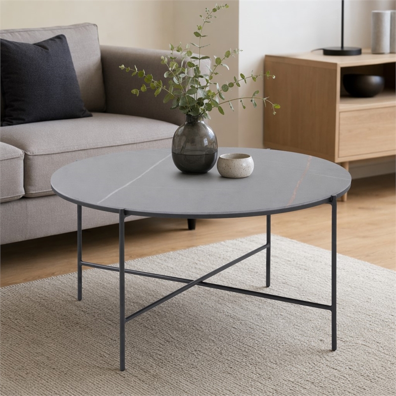 Pemberly Row Hobart Round Ceramic and Metal Coffee Table in Matte Black