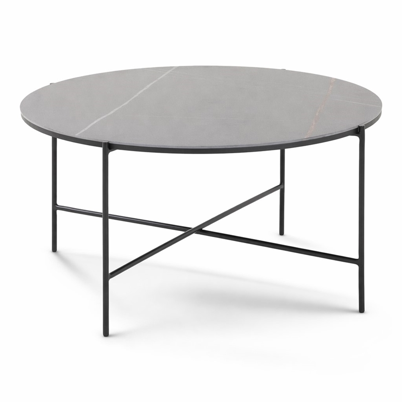 Pemberly Row Hobart Round Ceramic and Metal Coffee Table in Matte Black