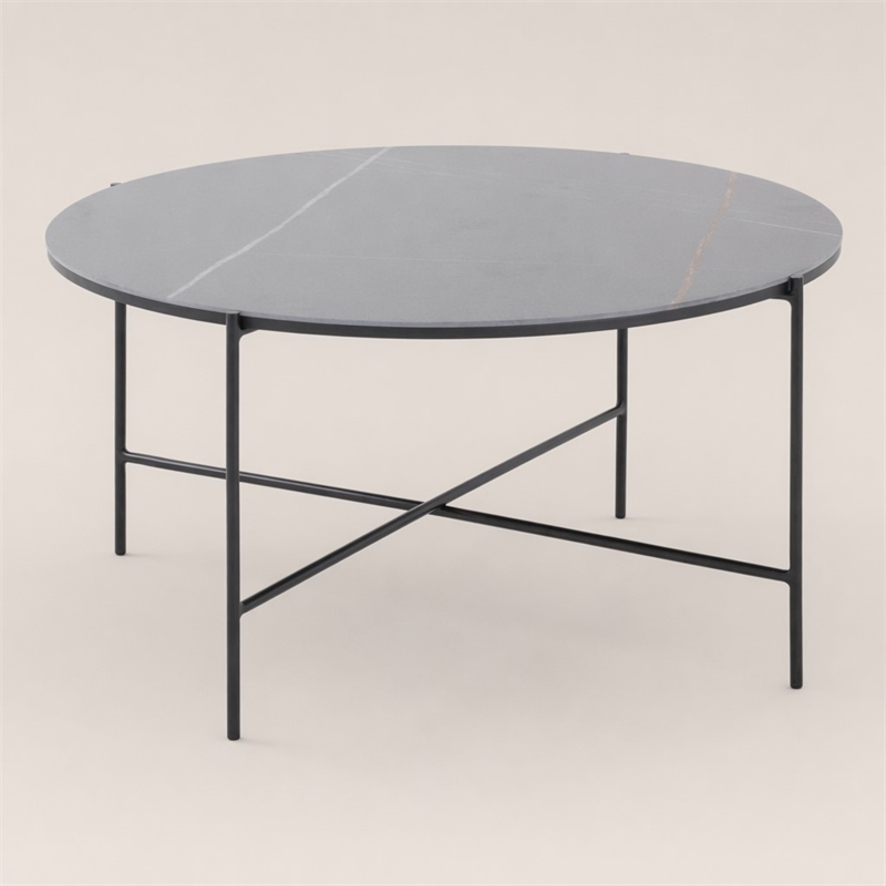 Pemberly Row Hobart Round Ceramic and Metal Coffee Table in Matte Black