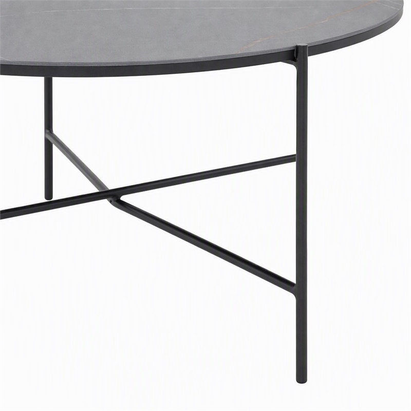 Pemberly Row Hobart Round Ceramic and Metal Coffee Table in Matte Black