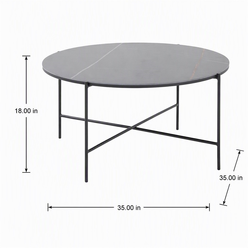 Pemberly Row Hobart Round Ceramic and Metal Coffee Table in Matte Black