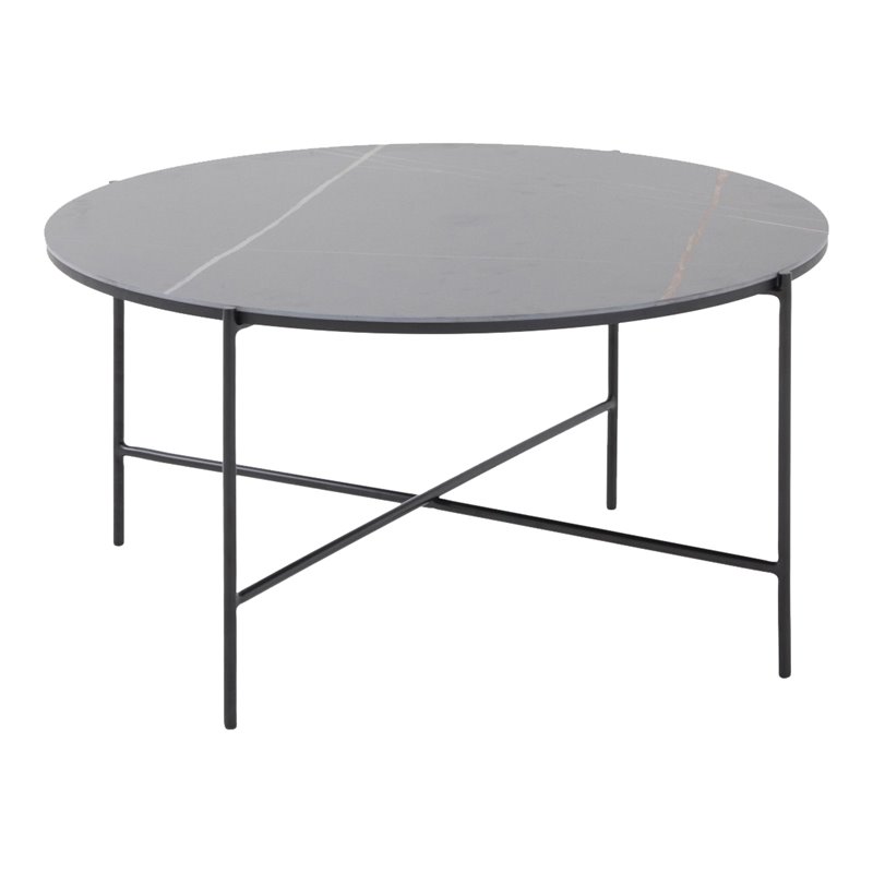 Pemberly Row Hobart Round Ceramic and Metal Coffee Table in Matte Black