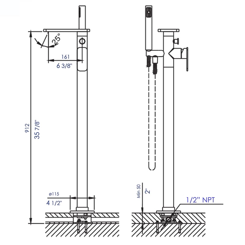 Pemberly Row Floor Mounted Bath Tub Filler in Polished Chrome Brass