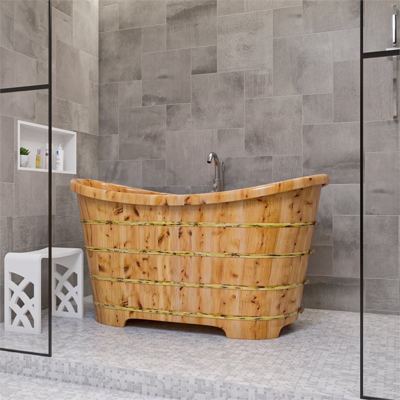 Pemberly Row 63 Inch Free Standing Cedar Wooden Bathtub in Natural